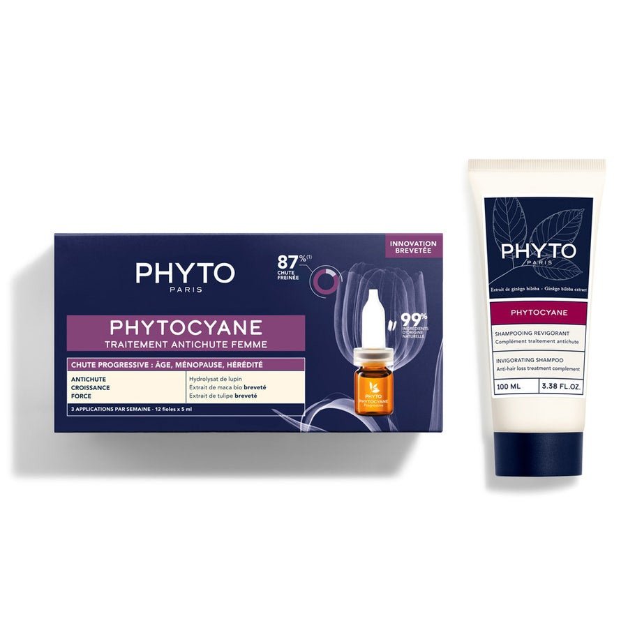 Phytocyane Progressive Hair Loss Treatment For Women 12x5ml + Invigorating Shampoo 100ml (0.17 fl oz + 3.38 fl oz) - FrenchBeautyHub