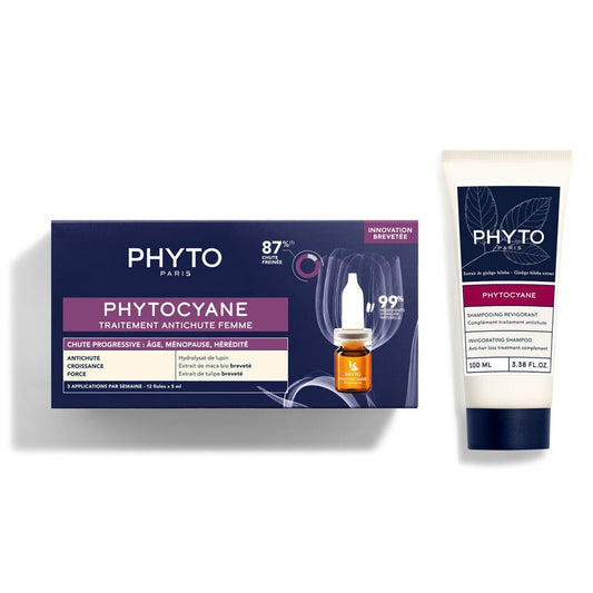 Phytocyane Progressive Hair Loss Treatment For Women 12x5ml + Invigorating Shampoo 100ml (0.17 fl oz + 3.38 fl oz) - FrenchBeautyHub